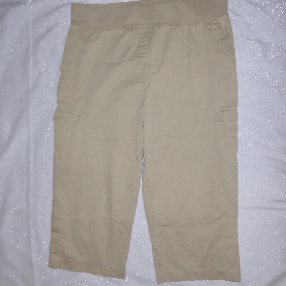 MATERNITY VINTAGE WOMENS BEIGE CAPRI PANTS PULL-ON MOTHERHOOD CARGO POCKETS L